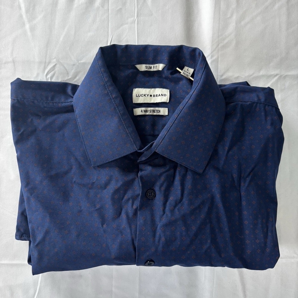 Lucky Brand 4 Way Stretch Slim Fit Dress Shirt Men Size Large Blue - Picture 2 of 13